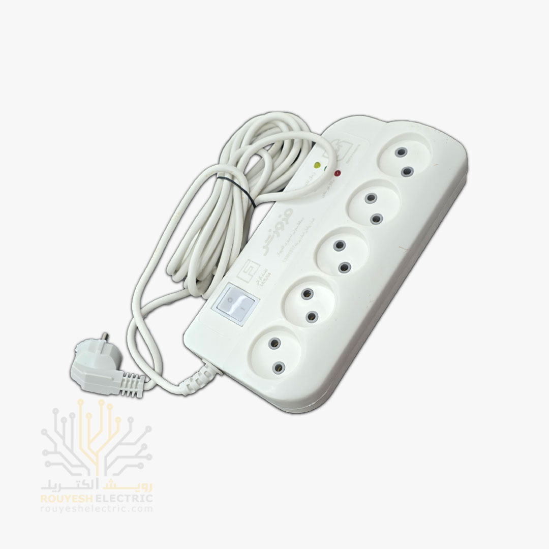 محافظ برق کامپیوتر سیار پنج خانه برند فروزش مدل FR250 بدون ارت کلید دار بدنه سفید 4/8 متری