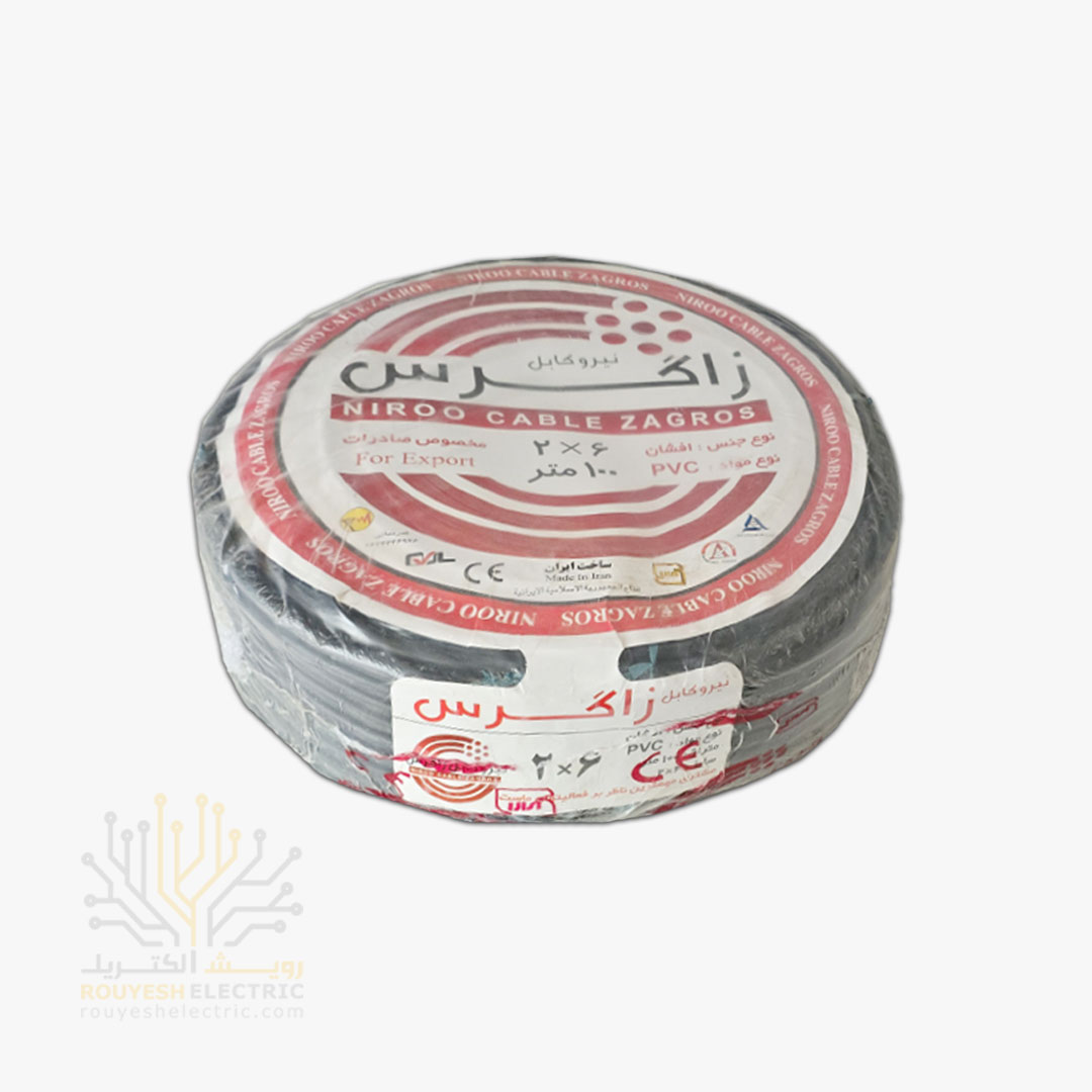 کابل برق نمره 2x6 برند نیرو کابل زاگرس استاندارد حلقه 93 متری