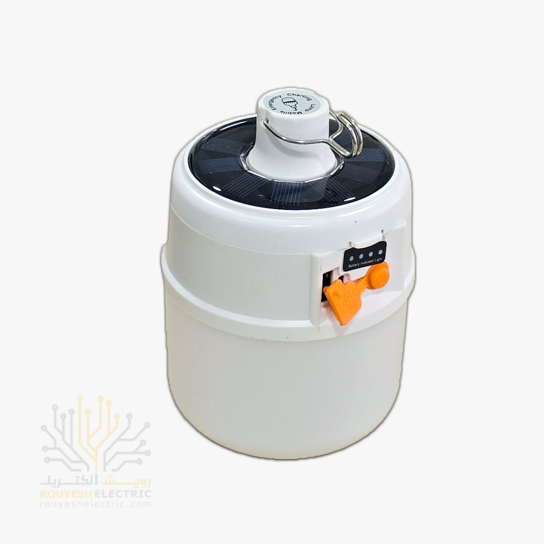 چراغ اضطراری لامپی 30 SMD برند HGDUE مدل HG-1566 طرح بالب 50 وات سه حالته دارای پنل خورشیدی گیره دار