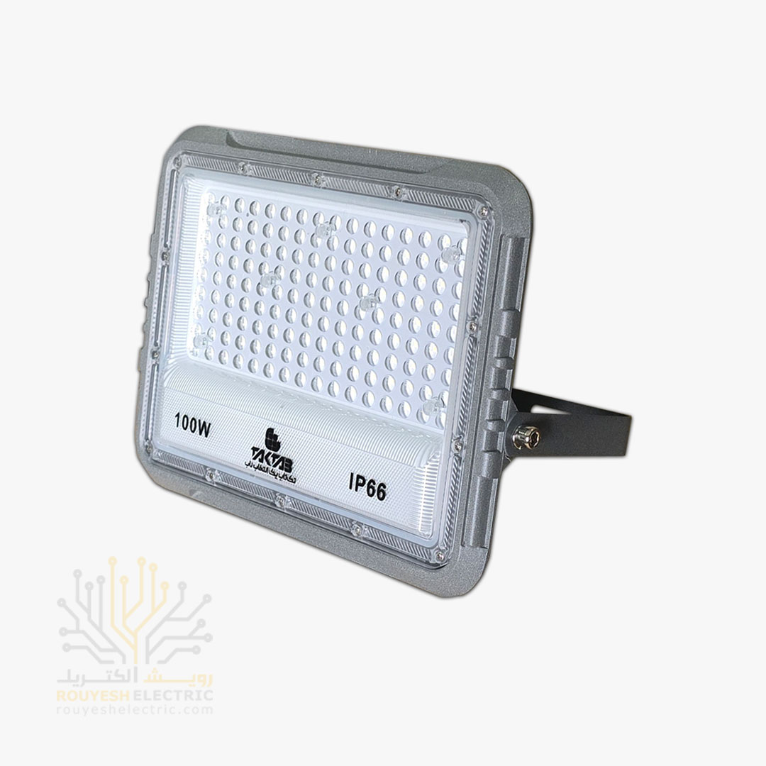 پروژکتور 100 وات SMD برند تک تاب مدل تیارا بدنه طوسی با درایور رنگ مهتابی