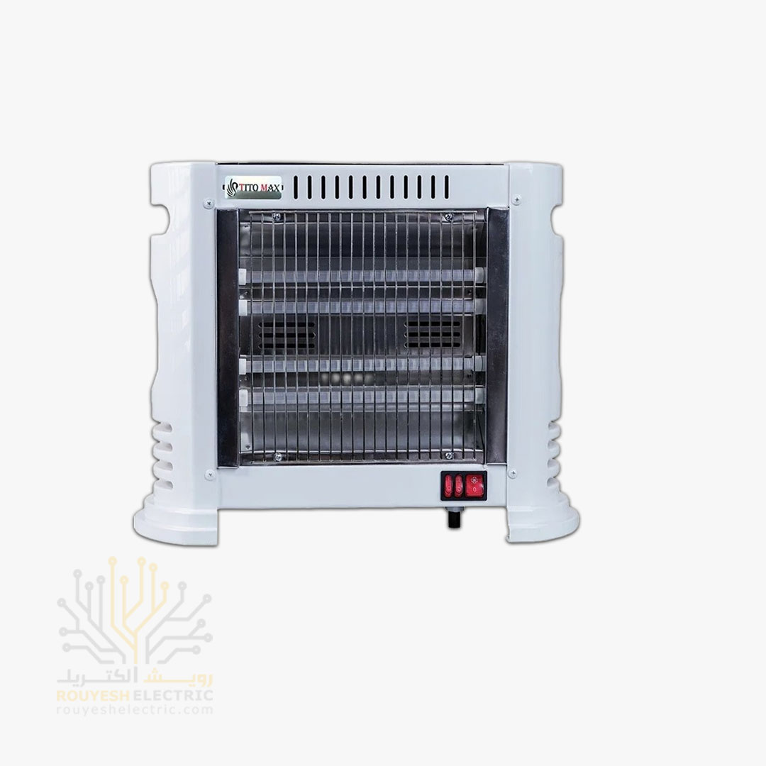 بخاری برقی چهار شعله برند تیتومکس مدل TM114 فن دار المنت شیشه ای 1200 وات
