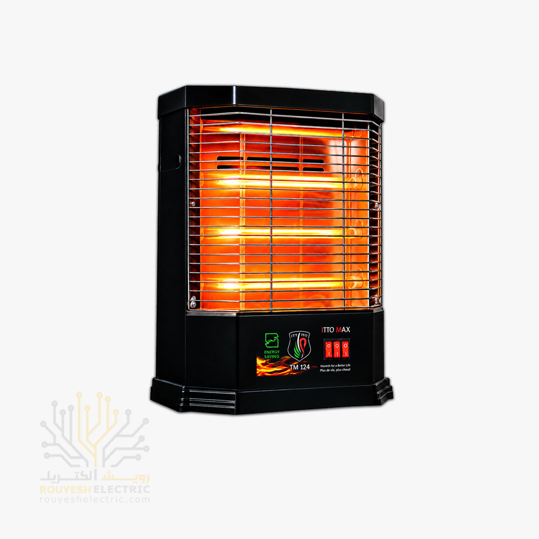 بخاری برقی چهار شعله برند تیتومکس مدل TM124 ایستاده فن دار المنت شیشه ای1200 وات