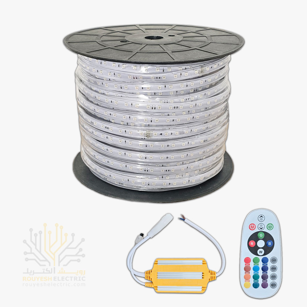 ریسه شلنگی وایرلس برند شارو لایت 50x50 تراکم 60 برش 100 سانت 15 میل 100 متری رنگ RGB