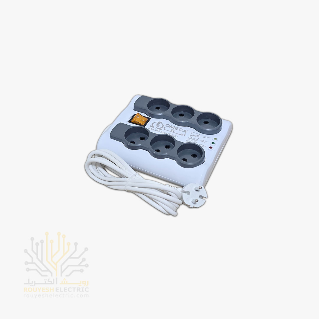 محافظ برق کامپیوتر سیار شش خانه برند امگا مدل p6000 استاندارد بدون ارت کلید دار 5 متری