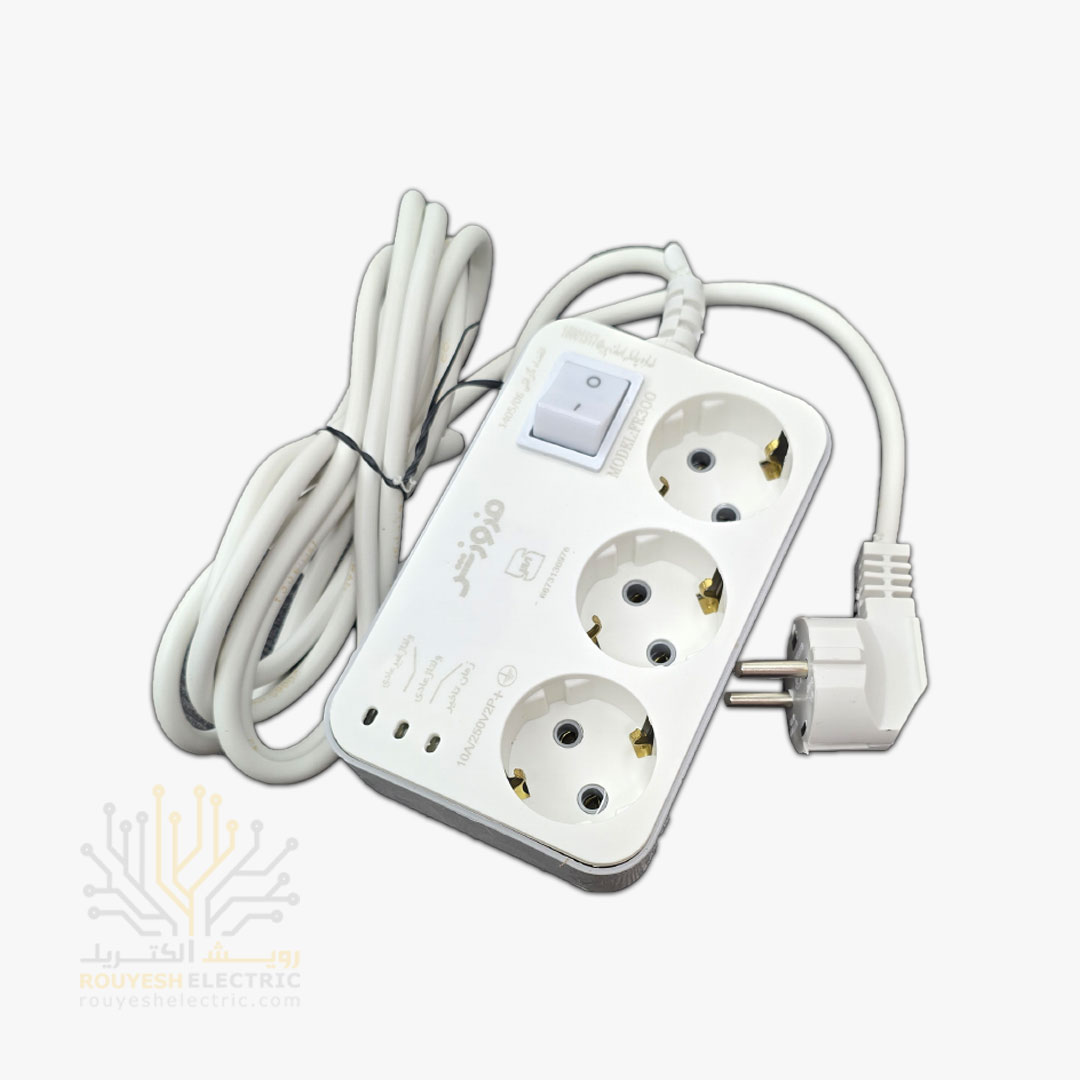 محافظ برق یخچال سیار سه خانه برند فروزش مدل FR300 ارتدار کلید دار بدنه سفید آنالوگ 2/8 متری