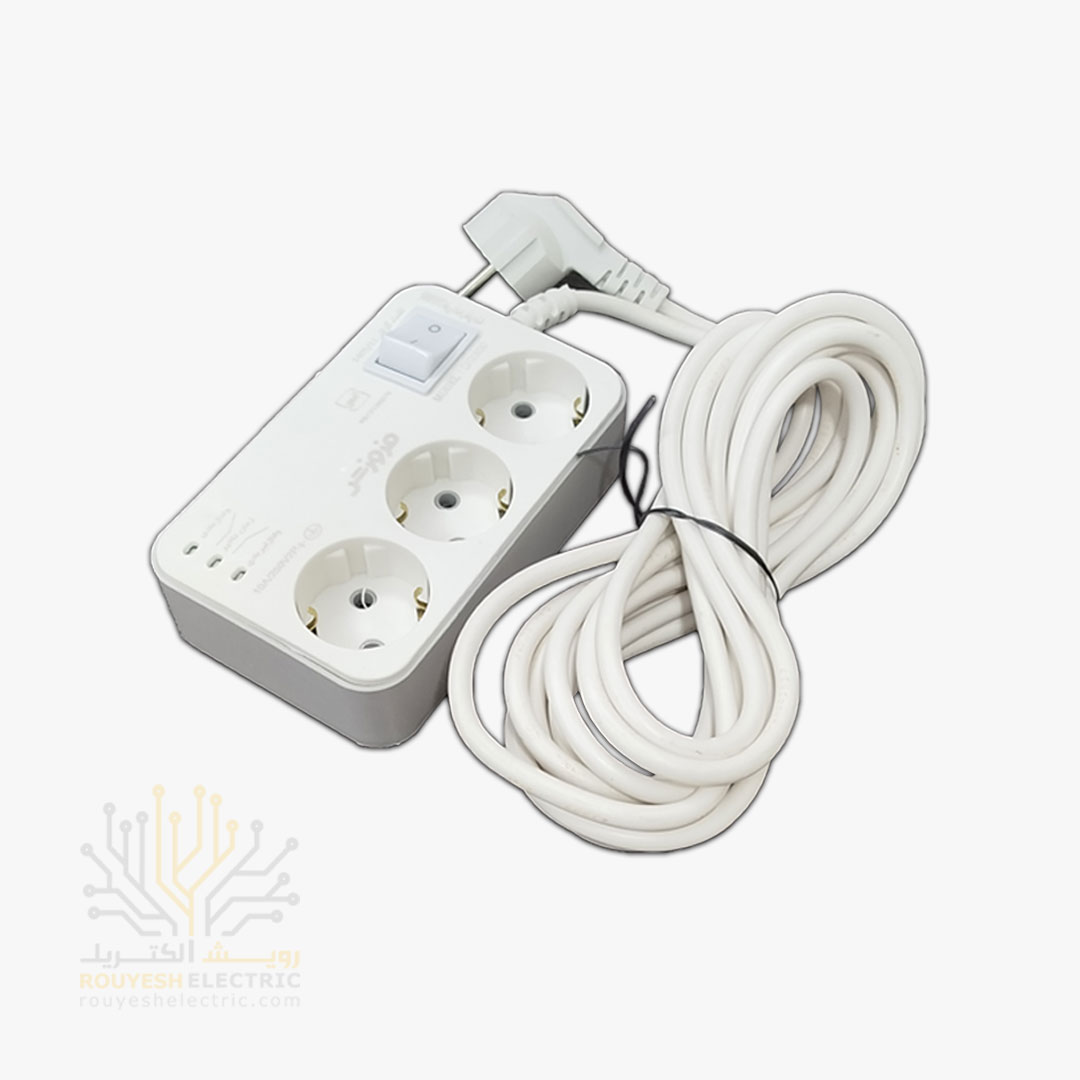 محافظ برق یخچال سیار سه خانه برند فروزش مدل DG300 ارتدار کلید دار بدنه سفید دیجیتال 4/8 متری