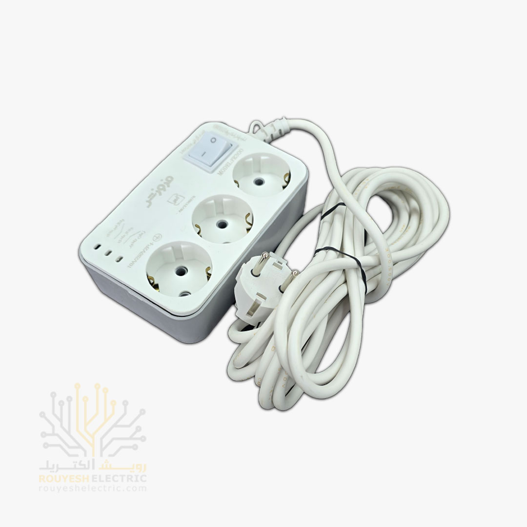 محافظ برق یخچال برند فروزش مدل FR300 ارتدار کلید دار 3 خانه آنالوگ 4/8 متری